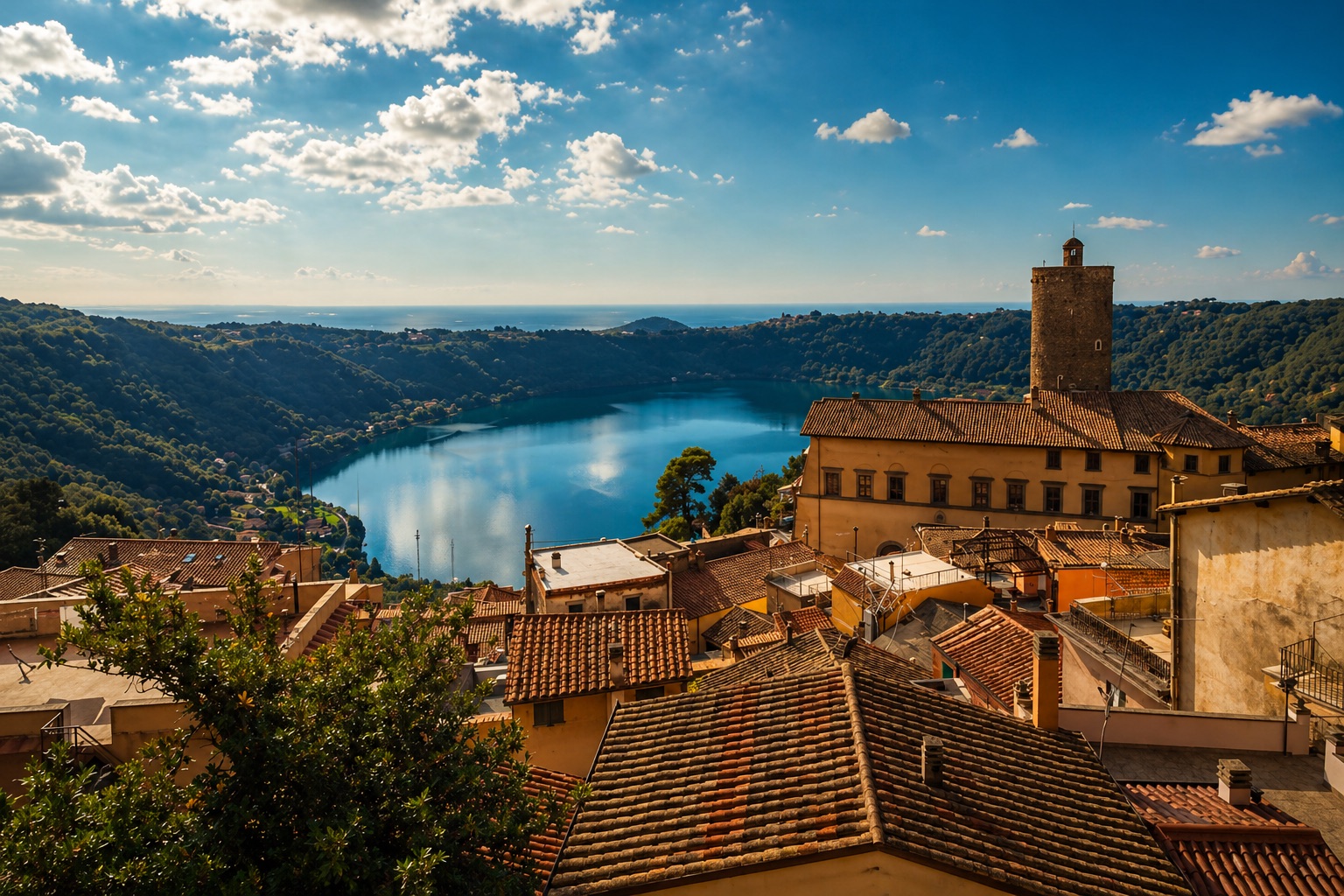Lake view over the roofs of the town